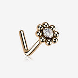 Rose Gold Bali Beads Flower Sparkle Steel L-Shaped Nose Ring-Clear Gem