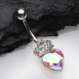 Detail View 2 of Crystal Heart Tiara Sparkle Belly Button Ring-Aurora Borealis
