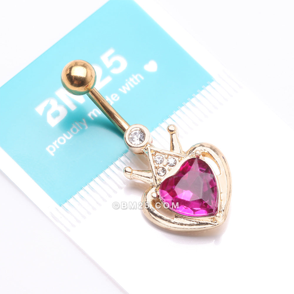 Detail View 4 of Golden Majestic Queen's Crown Heart Sparkle Belly Button Ring-Fuchsia