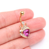 Detail View 3 of Golden Majestic Queen's Crown Heart Sparkle Belly Button Ring-Fuchsia