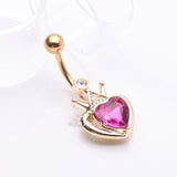 Detail View 2 of Golden Majestic Queen's Crown Heart Sparkle Belly Button Ring-Fuchsia