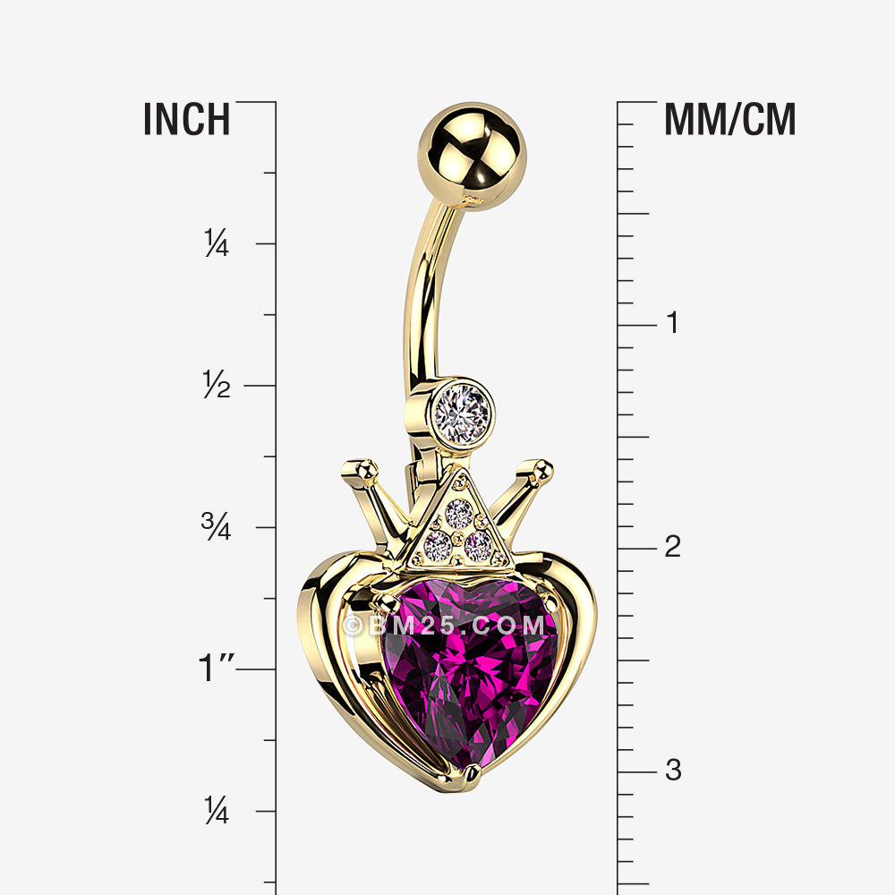 Detail View 1 of Golden Majestic Queen's Crown Heart Sparkle Belly Button Ring-Fuchsia