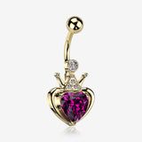 Golden Majestic Queen's Crown Heart Sparkle Belly Button Ring-Fuchsia