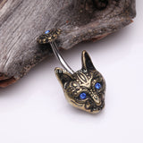 Detail View 2 of Golden Antique Mystic Blue Eyed Tribal Cat Belly Button Ring