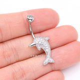 Detail View 3 of Adorable Dolphin Brilliant Sparkle Belly Button Ring-Clear Gem