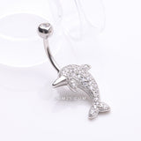 Detail View 2 of Adorable Dolphin Brilliant Sparkle Belly Button Ring-Clear Gem