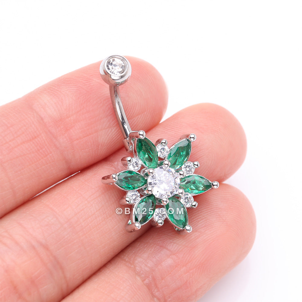 Detail View 3 of Brilliant Marquise Petal Flower Sparkle Belly Button Ring-Clear Gem/Emerald