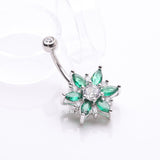 Detail View 2 of Brilliant Marquise Petal Flower Sparkle Belly Button Ring-Clear Gem/Emerald
