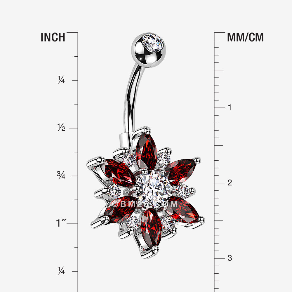 Detail View 1 of Brilliant Marquise Petal Flower Sparkle Belly Button Ring-Clear Gem/Red