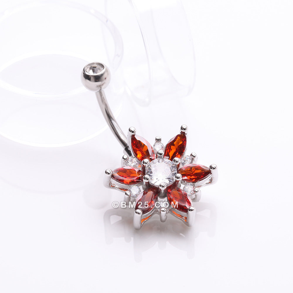 Detail View 2 of Brilliant Marquise Petal Flower Sparkle Belly Button Ring-Clear Gem/Red