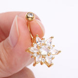 Detail View 3 of Golden Brilliant Marquise Petal Flower Sparkle Belly Button Ring-Clear Gem