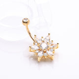 Detail View 2 of Golden Brilliant Marquise Petal Flower Sparkle Belly Button Ring-Clear Gem