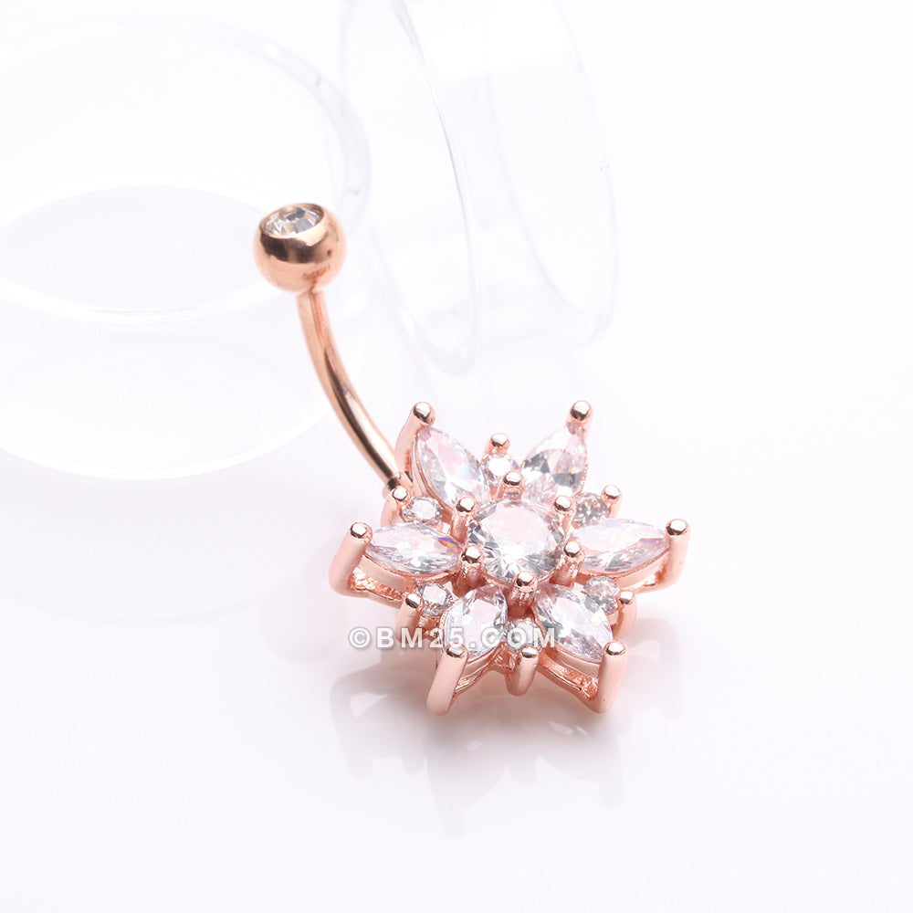 Detail View 2 of Rose Gold Brilliant Marquise Petal Flower Sparkle Belly Button Ring-Clear Gem
