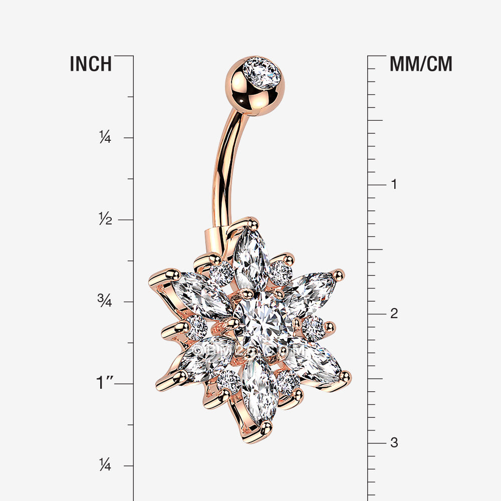 Detail View 1 of Rose Gold Brilliant Marquise Petal Flower Sparkle Belly Button Ring-Clear Gem