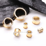 Detail View 2 of A Pair of Golden Multi-Gem Rimmed Sparkle Smooth Flared Screw-Fit Tunnel Plug-Clear Gem