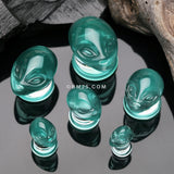 Detail View 2 of A Pair of Green Alien Head Glass Double Flare Plugs