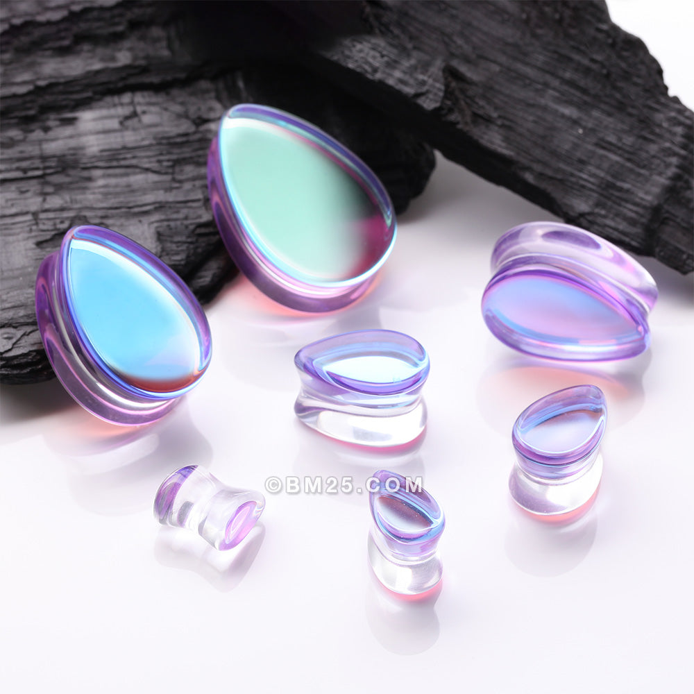 Detail View 2 of A Pair of Purple Luminous Iridescent Flat Glass Teardrop Double Flared Plug
