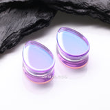Detail View 1 of A Pair of Purple Luminous Iridescent Flat Glass Teardrop Double Flared Plug
