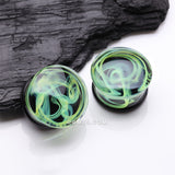 Detail View 1 of A Pair of Deco Neon Art Swirlesque Glass Double Flared Plug-Green