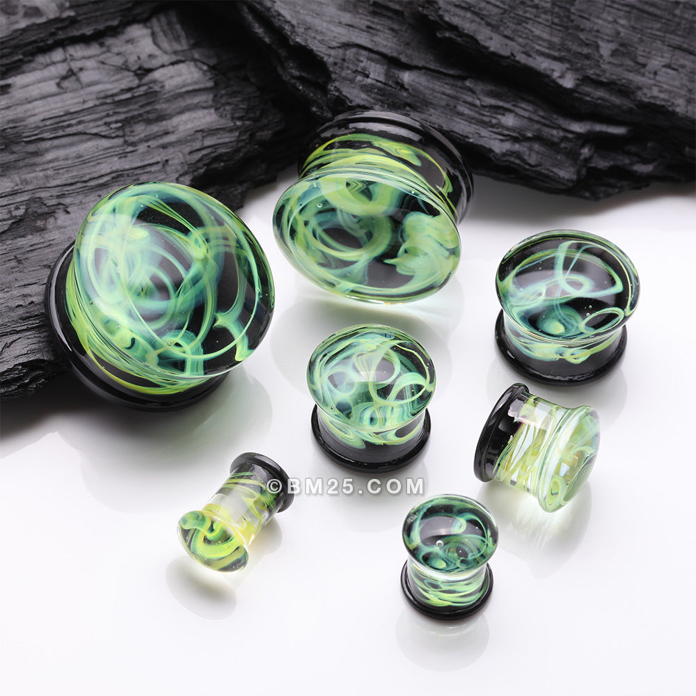 Detail View 2 of A Pair of Deco Neon Art Swirlesque Glass Double Flared Plug-Green