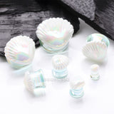 Detail View 2 of A Pair of White Iridescent Ariel's Shell Glass Double Flared Plug