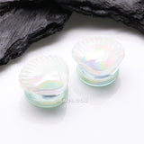 Detail View 1 of A Pair of White Iridescent Ariel's Shell Glass Double Flared Plug