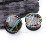 Detail View 1 of A Pair of Vibrant Rainbow Swirl Line Glass Double Flared Ear Gauge Plug