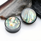 Detail View 1 of A Pair of Abalone Inlayed Buffalo Horn Double Flared Ear Gauge Plug