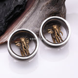 Detail View 1 of A Pair of Golden Antique Elephant Steel Screw-Fit Tunnel Plug