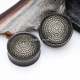 Detail View 1 of A Pair of Antique Lotus Floral Filigree Decorated Ebony Wood Double Flared Plug
