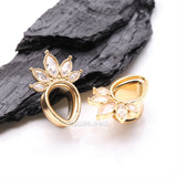 Detail View 1 of A Pair of Golden Royal Marquise Floral Sparkle Teardrop Double Flared Tunnel Plug-Clear Gem