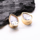Detail View 1 of A Pair of Golden Brilliant Gem Sparkle Teardrop Double Flared Plug-Clear Gem