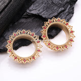 Detail View 1 of A Pair of Golden Lotus Inspired Sparkle Filigree Steel Screw-Fit Tunnel Plug-Red