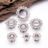 Detail View 2 of A Pair of Lotus Inspired Sparkle Filigree Steel Screw-Fit Tunnel Plug-Clear Gem