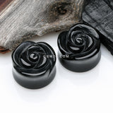 Detail View 1 of A Pair of Rose Blossom Black Agate Stone Double Flared Plug