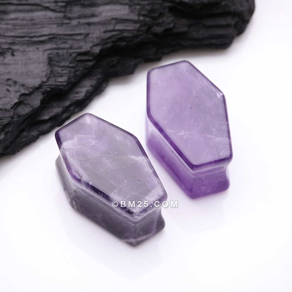 Detail View 1 of A Pair of Amethyst Stone Casket Coffin Double Flared Plug