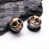 Detail View 1 of A Pair of Blackline Golden Rustic Skull Screw-Fit Tunnel Plug