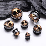 Detail View 2 of A Pair of Blackline Golden Rustic Skull Screw-Fit Tunnel Plug
