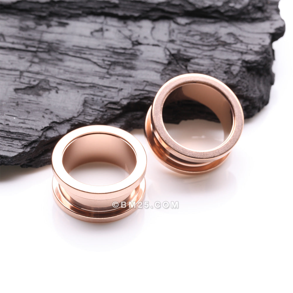 Detail View 1 of A Pair of Rose Gold PVD Steel Screw-Fit Ear Gauge Tunnel Plug