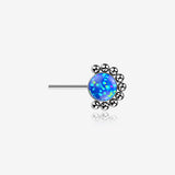 Implant Grade Titanium OneFit Threadless Bali Beaded Floral Fire Opal Front Facing Part-Blue Opal