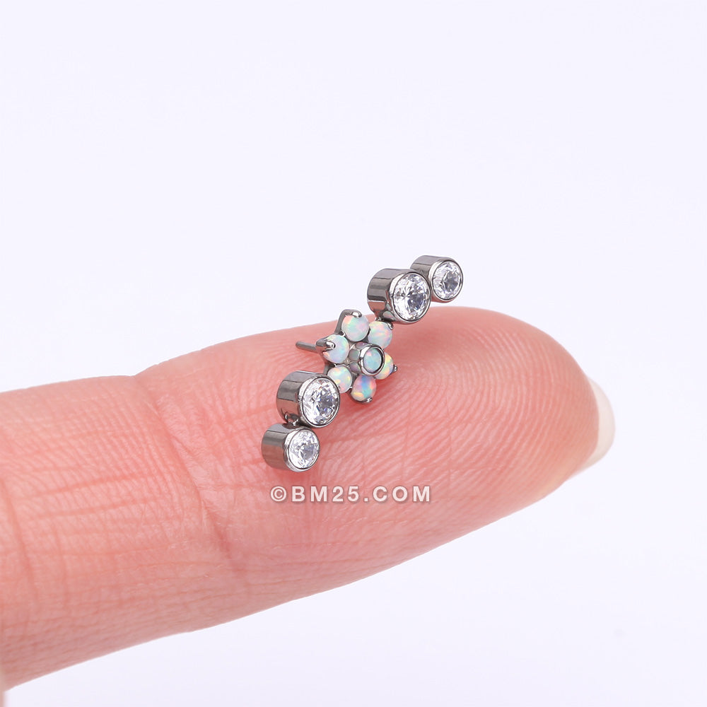 Detail View 2 of Implant Grade Titanium OneFit‚Ñ¢ Threadless Radiant Fire Opal Flower Journey Curve Top Part-White Opal/Clear Gem