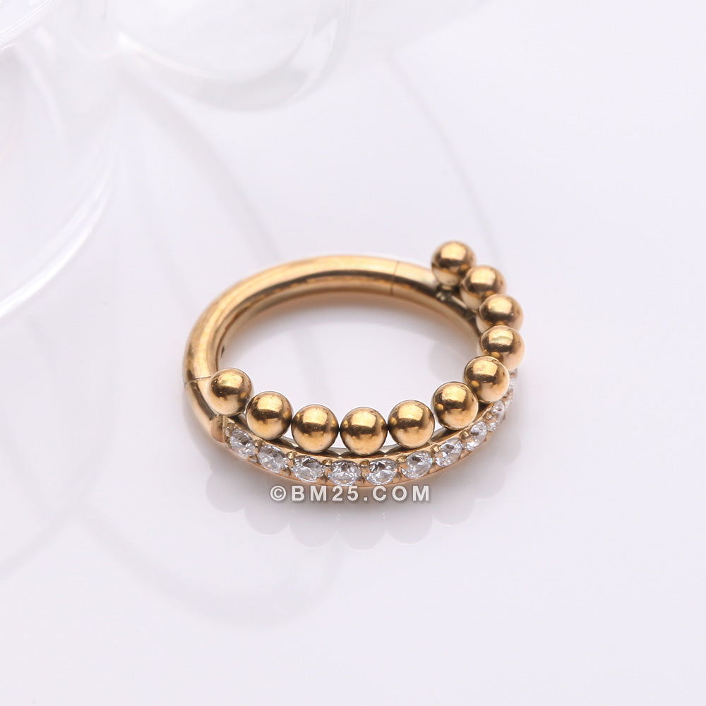 Detail View 1 of Golden Beaded Layer Sparkle Elegance Clicker Hoop Ring-Clear Gem