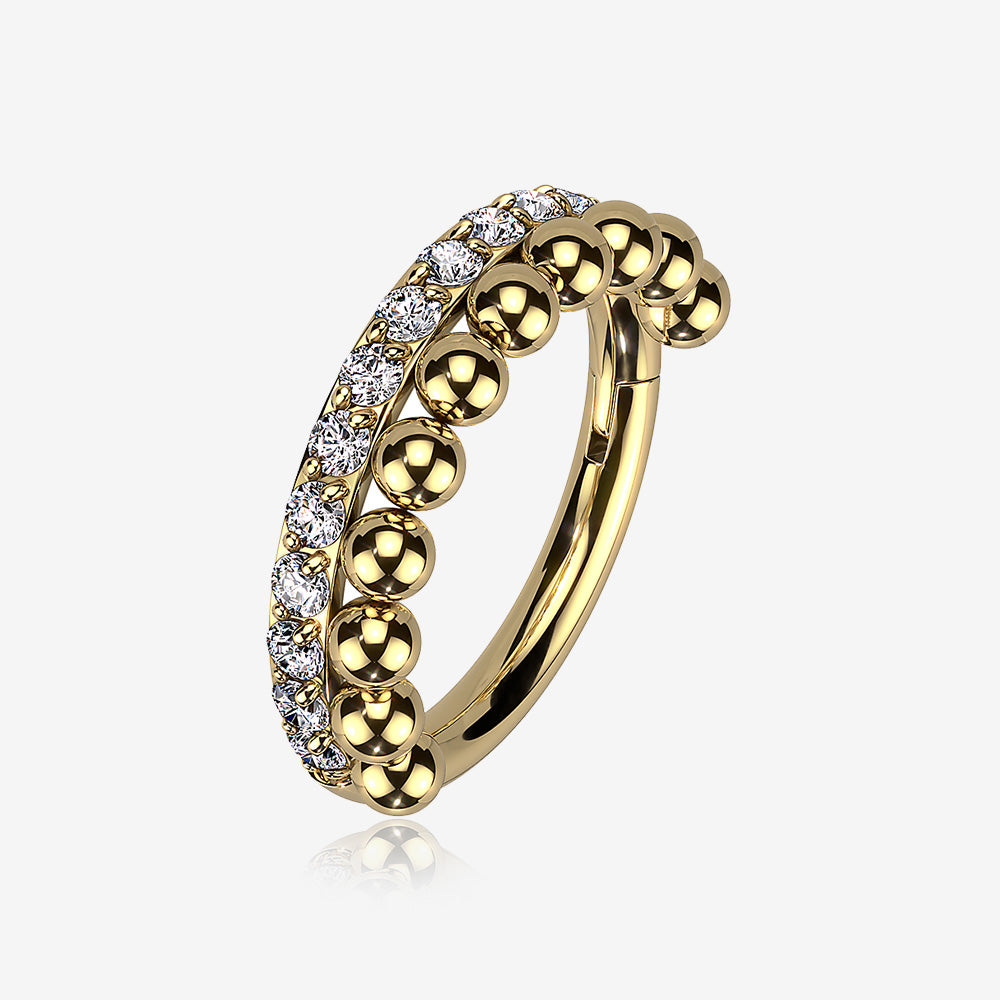 Golden Beaded Layer Sparkle Elegance Clicker Hoop Ring-Clear Gem