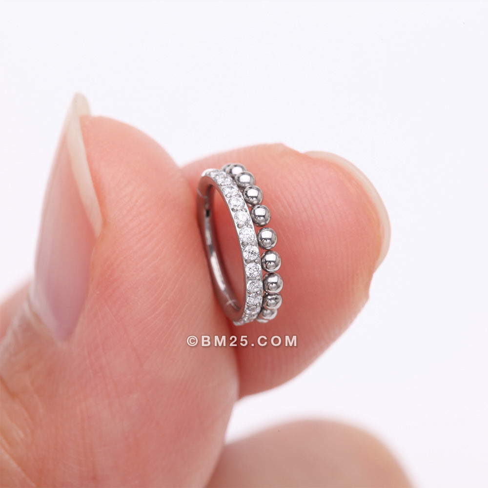 Detail View 2 of Beaded Layer Sparkle Elegance Clicker Hoop Ring-Clear Gem
