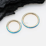 Detail View 2 of Golden Brilliant Fire Opal Lined Seamless Clicker Hoop Ring-Blue Opal