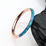 Detail View 1 of Rose Gold Brilliant Fire Opal Lined Seamless Clicker Hoop Ring-Blue Opal