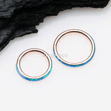 Detail View 2 of Rose Gold Brilliant Fire Opal Lined Seamless Clicker Hoop Ring-Blue Opal