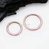 Detail View 2 of Rose Gold Brilliant Fire Opal Lined Seamless Clicker Hoop Ring-Pink Opal