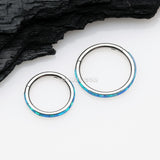 Detail View 2 of Brilliant Fire Opal Lined Seamless Clicker Hoop Ring-Blue Opal