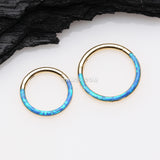 Detail View 2 of Golden Brilliant Fire Opal Lined Front Facing Seamless Clicker Hoop Ring-Blue Opal